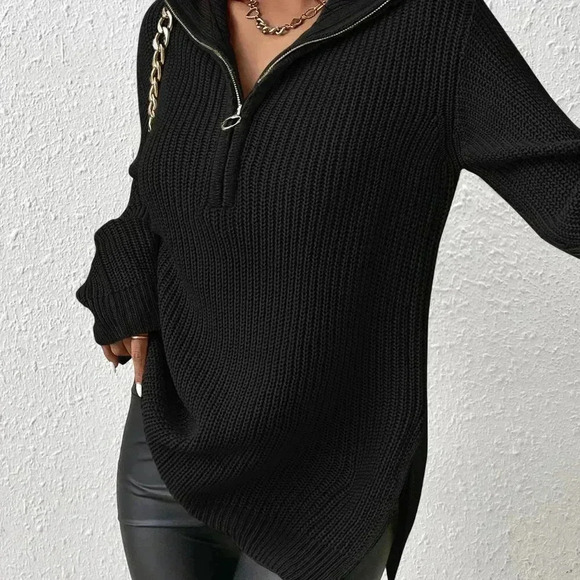 Black Casual Women's Half Zip Drop Shoulder Grain Sweater - Picture 4 of 7